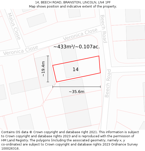 14, BEECH ROAD, BRANSTON, LINCOLN, LN4 1PF: Plot and title map