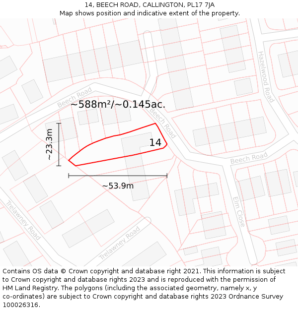 14, BEECH ROAD, CALLINGTON, PL17 7JA: Plot and title map