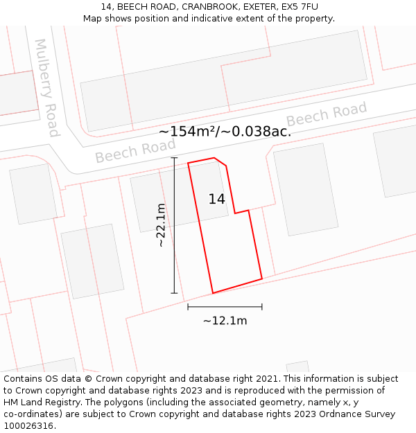 14, BEECH ROAD, CRANBROOK, EXETER, EX5 7FU: Plot and title map