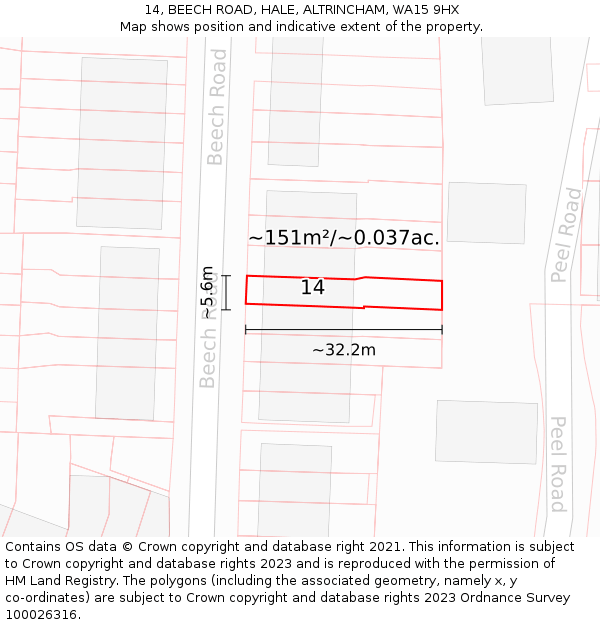 14, BEECH ROAD, HALE, ALTRINCHAM, WA15 9HX: Plot and title map