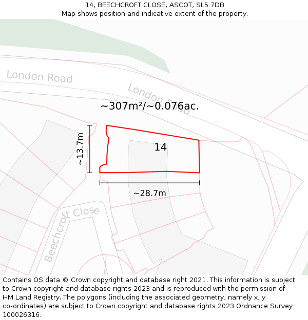 14, BEECHCROFT CLOSE, ASCOT, SL5 7DB: Plot and title map