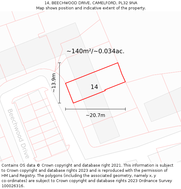 14, BEECHWOOD DRIVE, CAMELFORD, PL32 9NA: Plot and title map