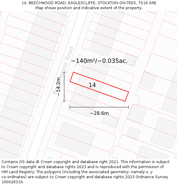 14, BEECHWOOD ROAD, EAGLESCLIFFE, STOCKTON-ON-TEES, TS16 0AE: Plot and title map