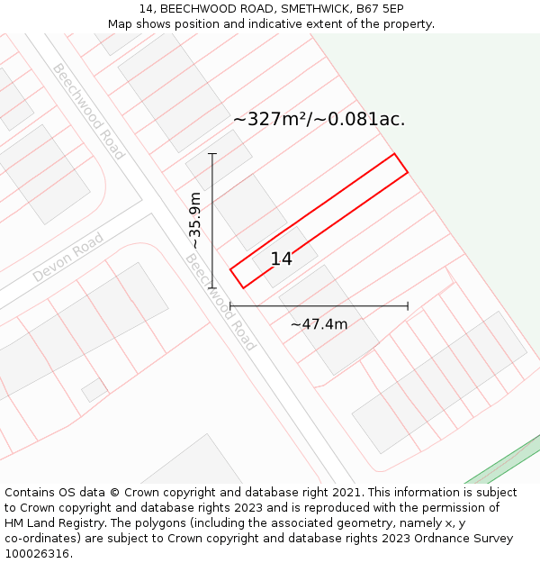 14, BEECHWOOD ROAD, SMETHWICK, B67 5EP: Plot and title map
