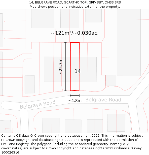 14, BELGRAVE ROAD, SCARTHO TOP, GRIMSBY, DN33 3RS: Plot and title map