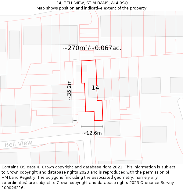 14, BELL VIEW, ST ALBANS, AL4 0SQ: Plot and title map