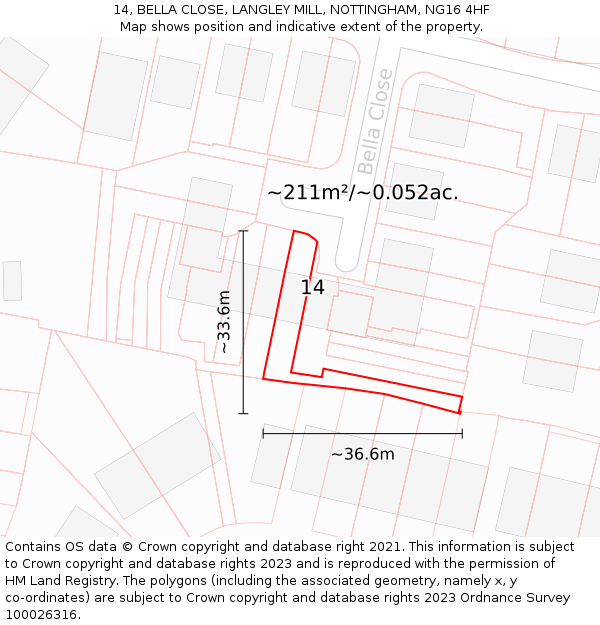 14, BELLA CLOSE, LANGLEY MILL, NOTTINGHAM, NG16 4HF: Plot and title map