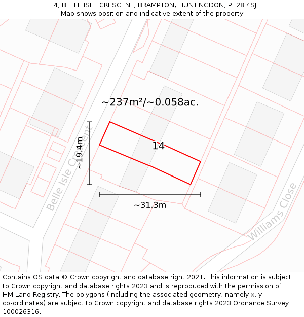 14, BELLE ISLE CRESCENT, BRAMPTON, HUNTINGDON, PE28 4SJ: Plot and title map