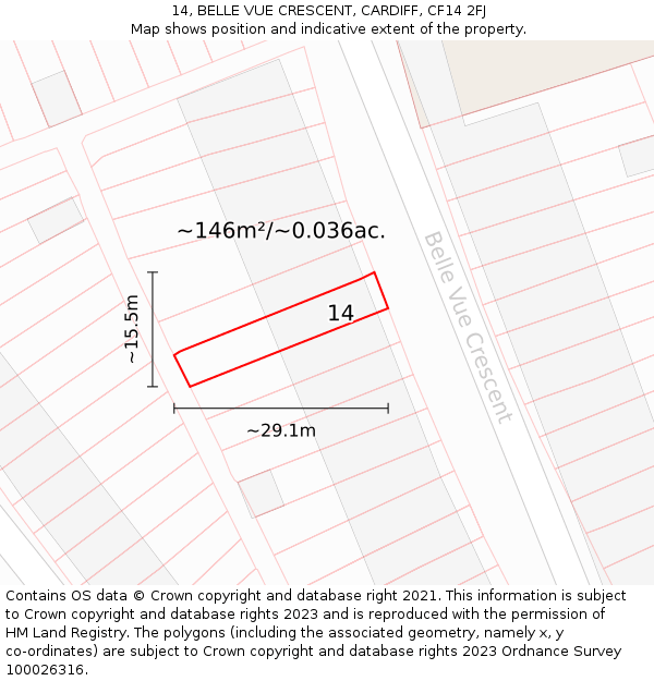 14, BELLE VUE CRESCENT, CARDIFF, CF14 2FJ: Plot and title map