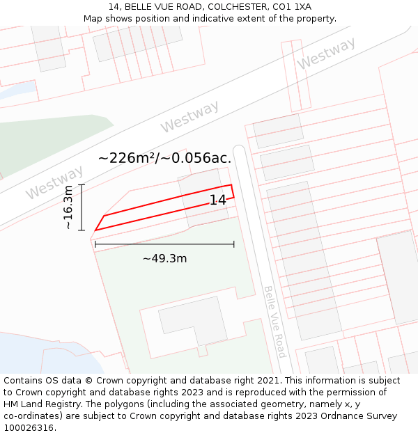 14, BELLE VUE ROAD, COLCHESTER, CO1 1XA: Plot and title map