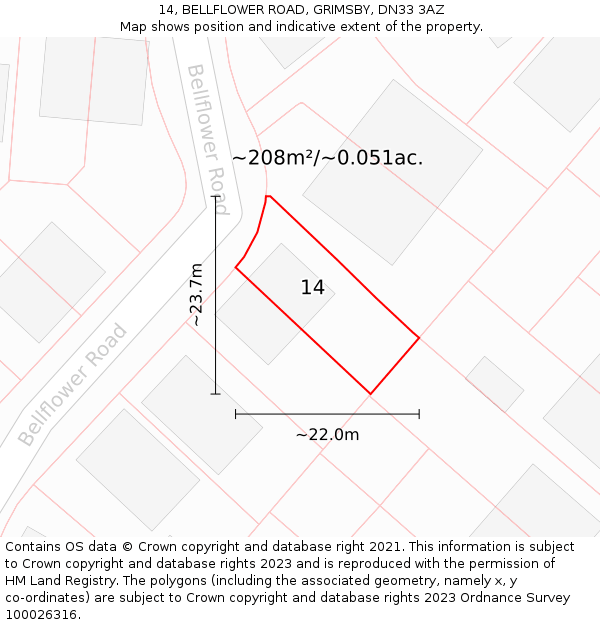 14, BELLFLOWER ROAD, GRIMSBY, DN33 3AZ: Plot and title map