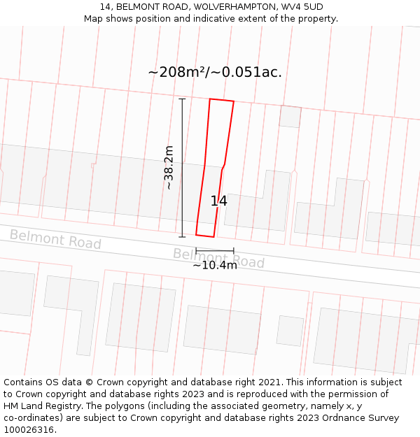 14, BELMONT ROAD, WOLVERHAMPTON, WV4 5UD: Plot and title map