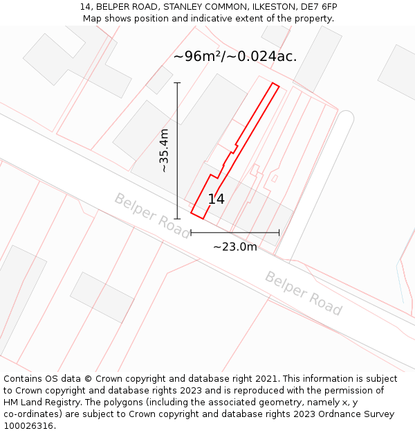 14, BELPER ROAD, STANLEY COMMON, ILKESTON, DE7 6FP: Plot and title map