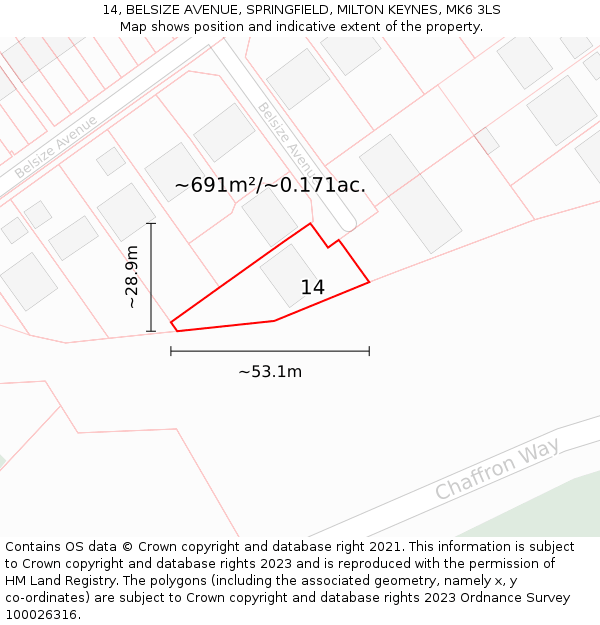 14, BELSIZE AVENUE, SPRINGFIELD, MILTON KEYNES, MK6 3LS: Plot and title map