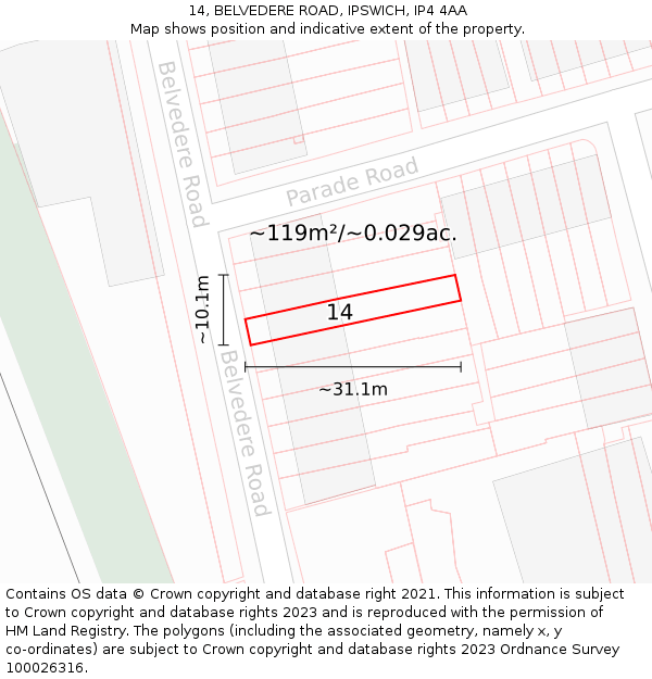 14, BELVEDERE ROAD, IPSWICH, IP4 4AA: Plot and title map