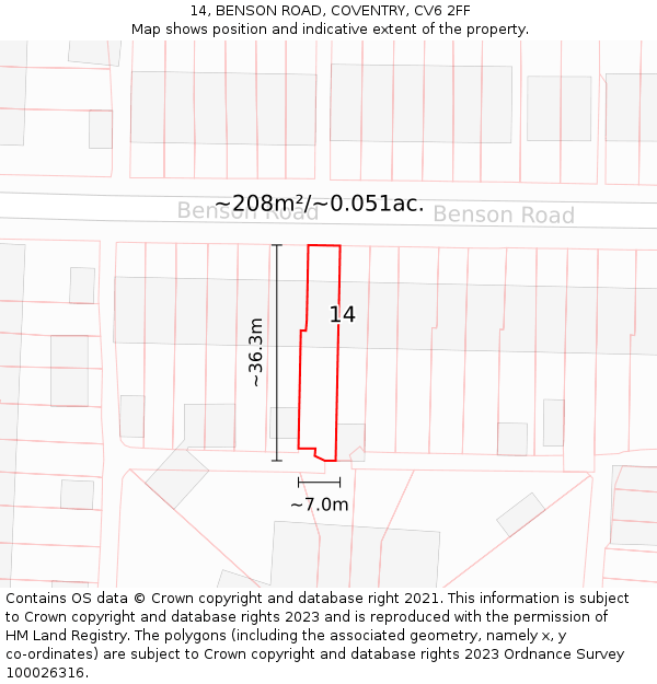 14, BENSON ROAD, COVENTRY, CV6 2FF: Plot and title map