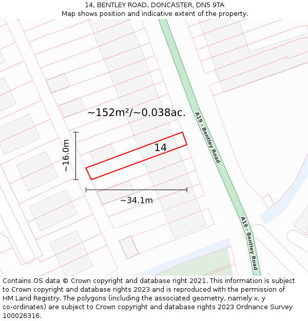 14, BENTLEY ROAD, DONCASTER, DN5 9TA: Plot and title map