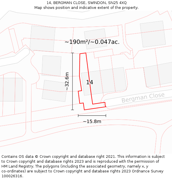 14, BERGMAN CLOSE, SWINDON, SN25 4XQ: Plot and title map