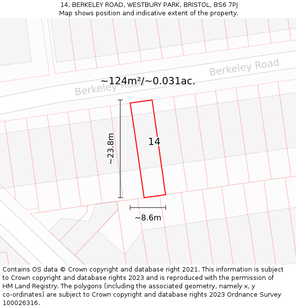 14, BERKELEY ROAD, WESTBURY PARK, BRISTOL, BS6 7PJ: Plot and title map