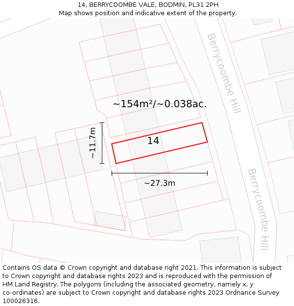 14, BERRYCOOMBE VALE, BODMIN, PL31 2PH: Plot and title map