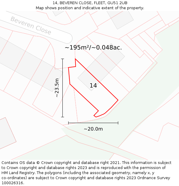 14, BEVEREN CLOSE, FLEET, GU51 2UB: Plot and title map