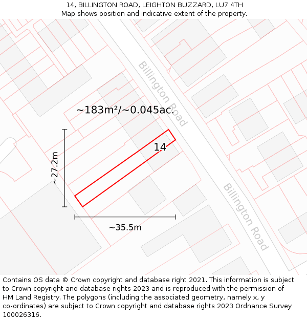 14, BILLINGTON ROAD, LEIGHTON BUZZARD, LU7 4TH: Plot and title map