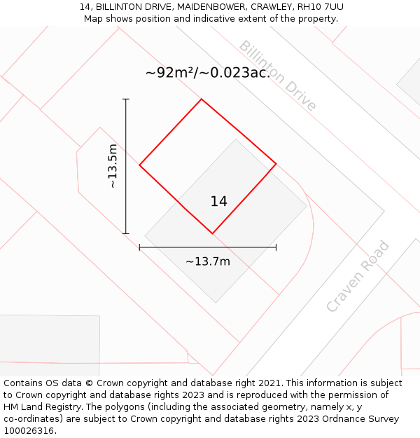 14, BILLINTON DRIVE, MAIDENBOWER, CRAWLEY, RH10 7UU: Plot and title map