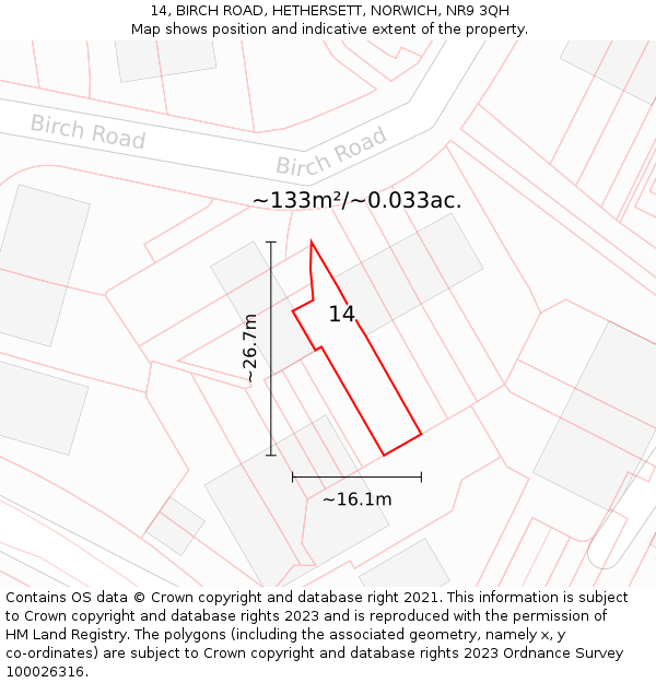 14, BIRCH ROAD, HETHERSETT, NORWICH, NR9 3QH: Plot and title map