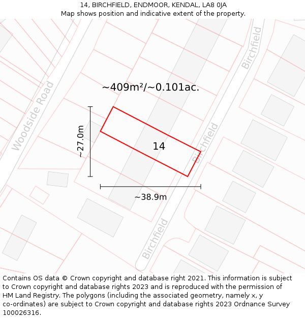 14, BIRCHFIELD, ENDMOOR, KENDAL, LA8 0JA: Plot and title map