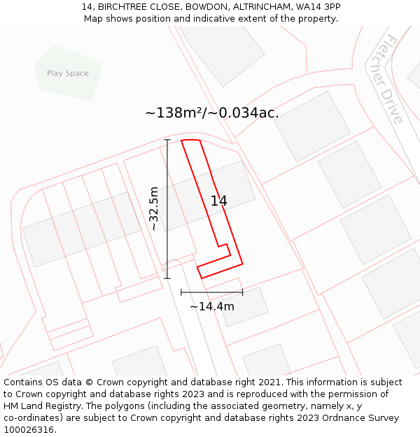 14, BIRCHTREE CLOSE, BOWDON, ALTRINCHAM, WA14 3PP: Plot and title map
