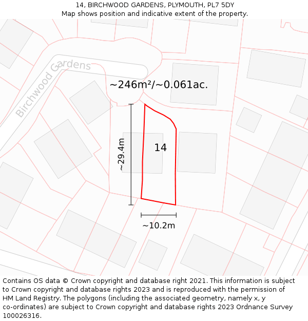 14, BIRCHWOOD GARDENS, PLYMOUTH, PL7 5DY: Plot and title map