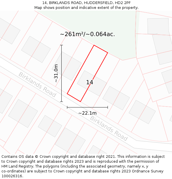 14, BIRKLANDS ROAD, HUDDERSFIELD, HD2 2PF: Plot and title map
