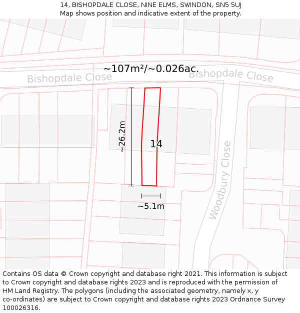 14, BISHOPDALE CLOSE, NINE ELMS, SWINDON, SN5 5UJ: Plot and title map