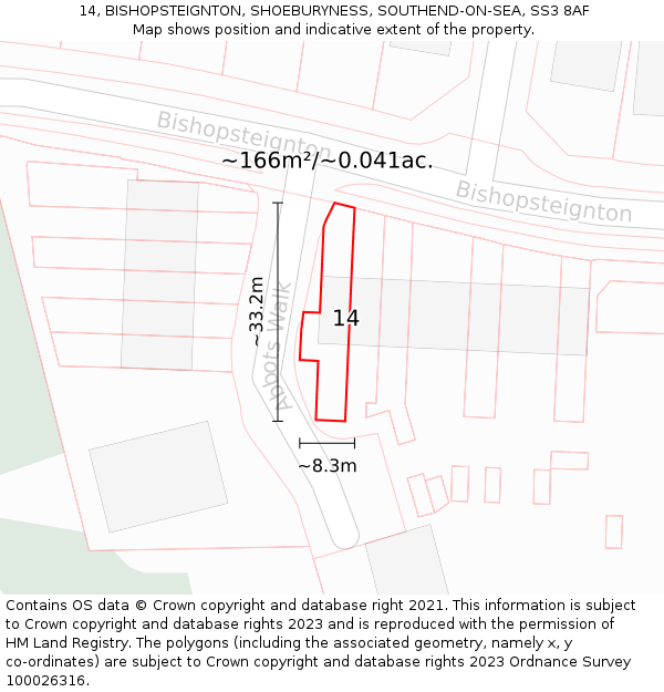 14, BISHOPSTEIGNTON, SHOEBURYNESS, SOUTHEND-ON-SEA, SS3 8AF: Plot and title map