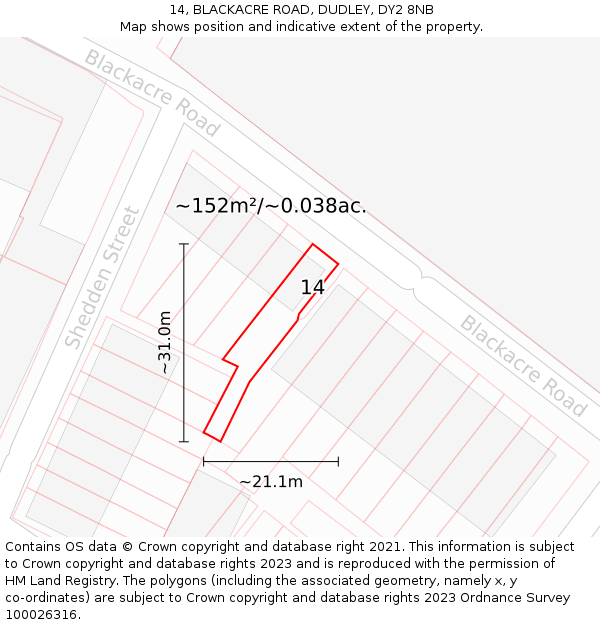 14, BLACKACRE ROAD, DUDLEY, DY2 8NB: Plot and title map