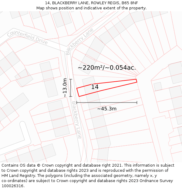 14, BLACKBERRY LANE, ROWLEY REGIS, B65 8NF: Plot and title map
