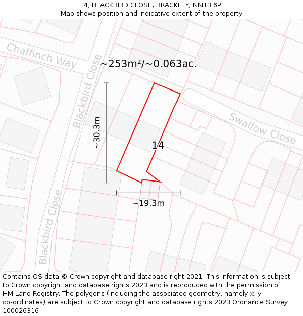 14, BLACKBIRD CLOSE, BRACKLEY, NN13 6PT: Plot and title map