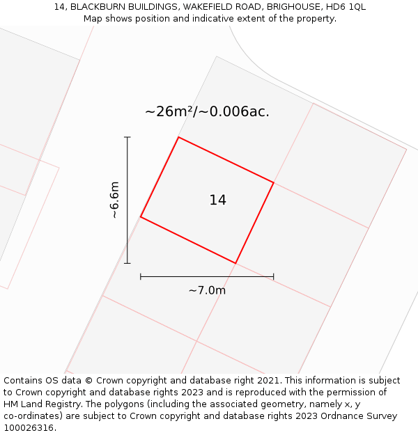 14, BLACKBURN BUILDINGS, WAKEFIELD ROAD, BRIGHOUSE, HD6 1QL: Plot and title map