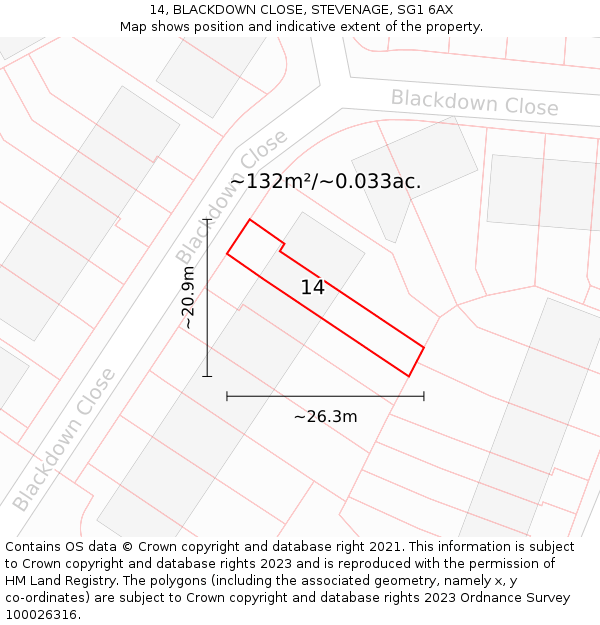 14, BLACKDOWN CLOSE, STEVENAGE, SG1 6AX: Plot and title map