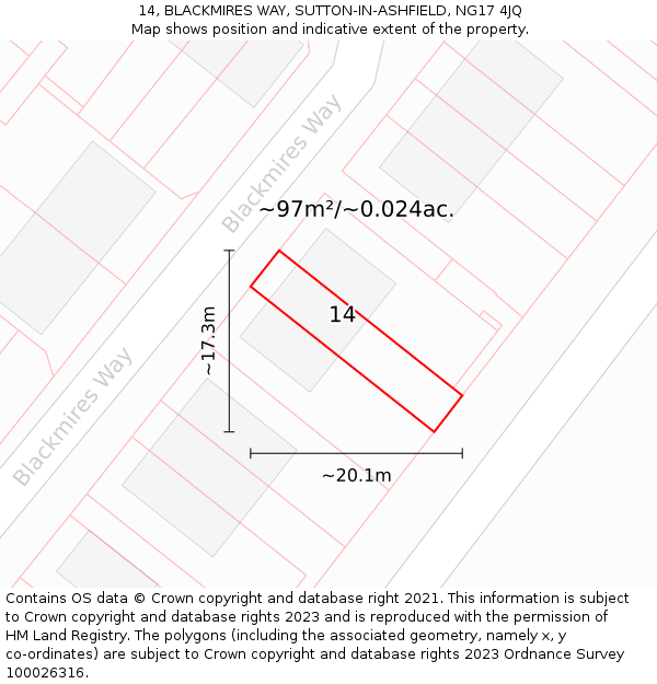 14, BLACKMIRES WAY, SUTTON-IN-ASHFIELD, NG17 4JQ: Plot and title map