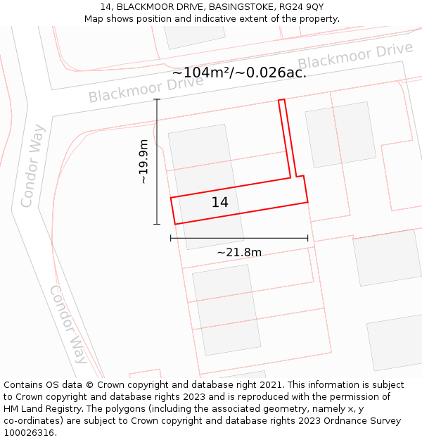 14, BLACKMOOR DRIVE, BASINGSTOKE, RG24 9QY: Plot and title map