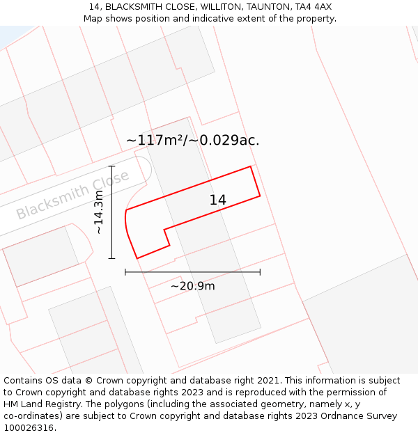 14, BLACKSMITH CLOSE, WILLITON, TAUNTON, TA4 4AX: Plot and title map