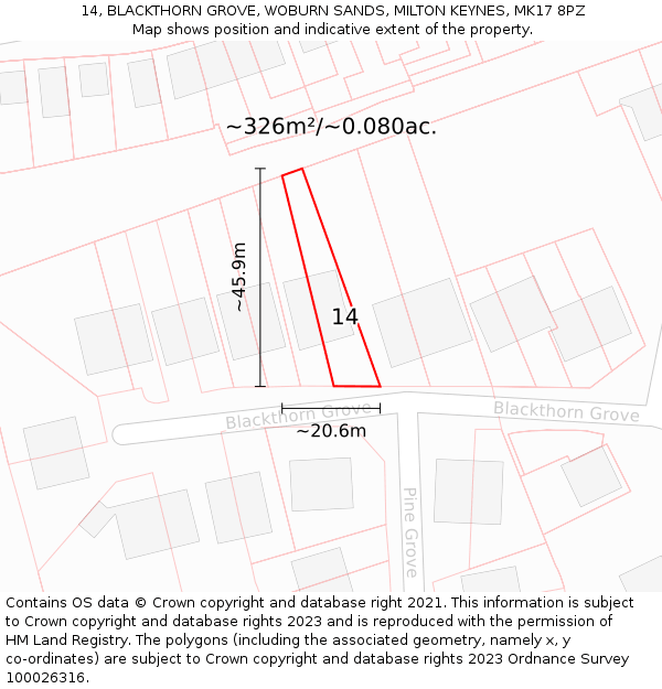 14, BLACKTHORN GROVE, WOBURN SANDS, MILTON KEYNES, MK17 8PZ: Plot and title map