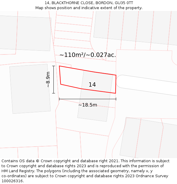 14, BLACKTHORNE CLOSE, BORDON, GU35 0TT: Plot and title map