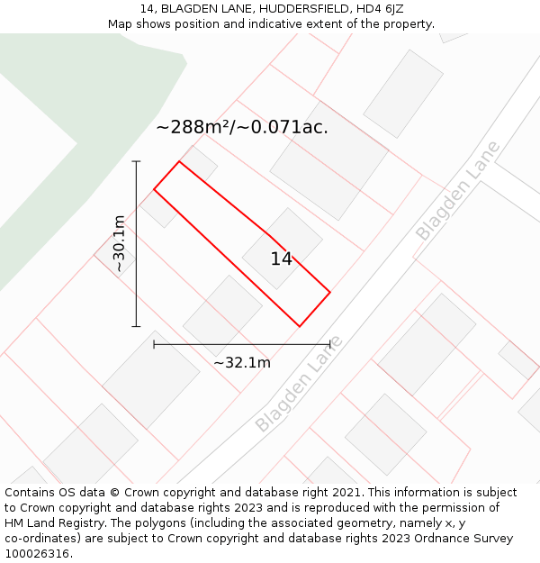 14, BLAGDEN LANE, HUDDERSFIELD, HD4 6JZ: Plot and title map