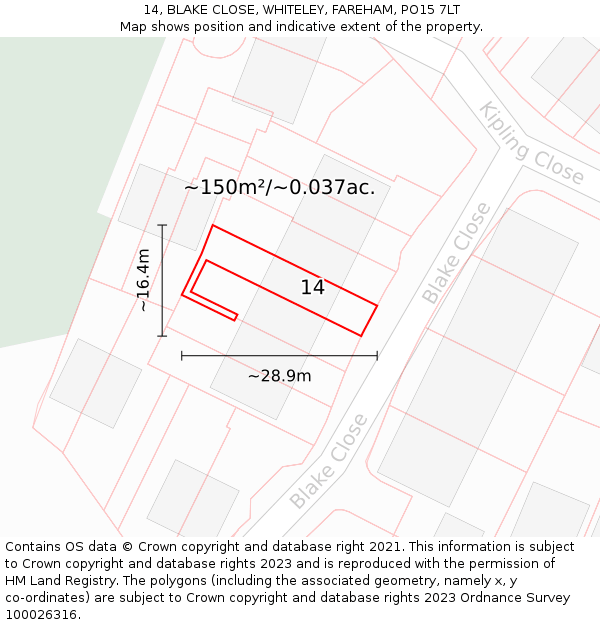 14, BLAKE CLOSE, WHITELEY, FAREHAM, PO15 7LT: Plot and title map