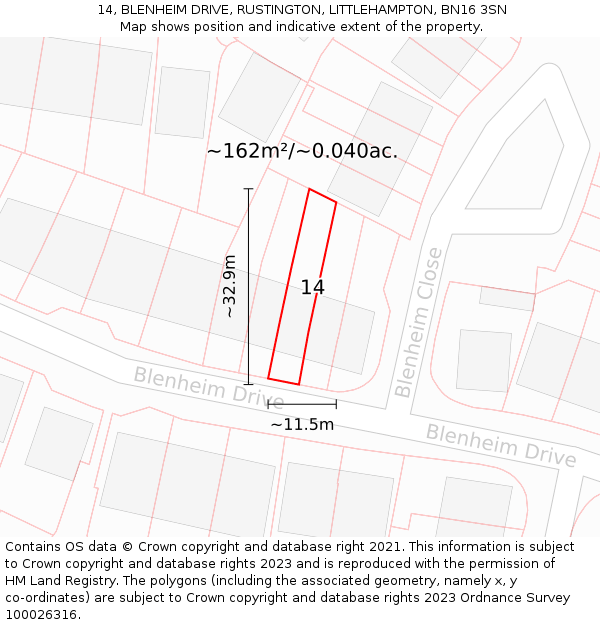 14, BLENHEIM DRIVE, RUSTINGTON, LITTLEHAMPTON, BN16 3SN: Plot and title map