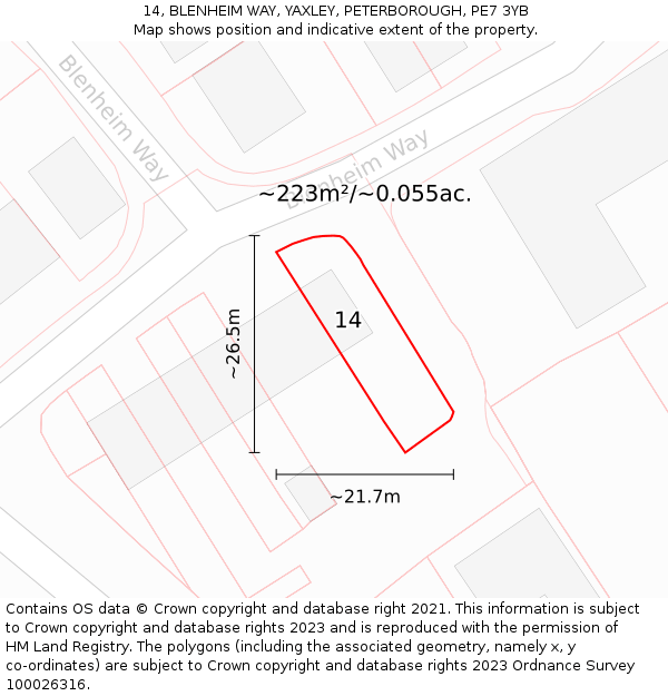 14, BLENHEIM WAY, YAXLEY, PETERBOROUGH, PE7 3YB: Plot and title map