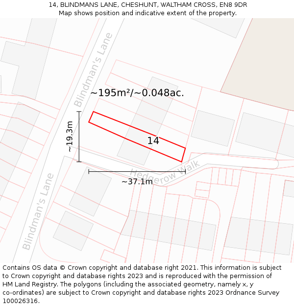14, BLINDMANS LANE, CHESHUNT, WALTHAM CROSS, EN8 9DR: Plot and title map