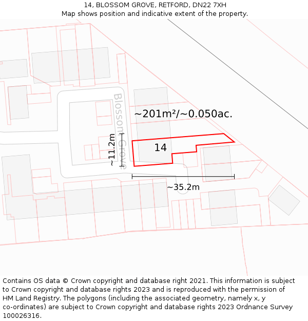 14, BLOSSOM GROVE, RETFORD, DN22 7XH: Plot and title map